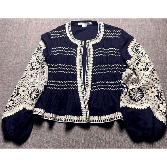 Veronica Beard Jackets & Blazers - Veronica Beard Dorian Cropped Jacket Womens M Blue Floral Embroidery Smocked